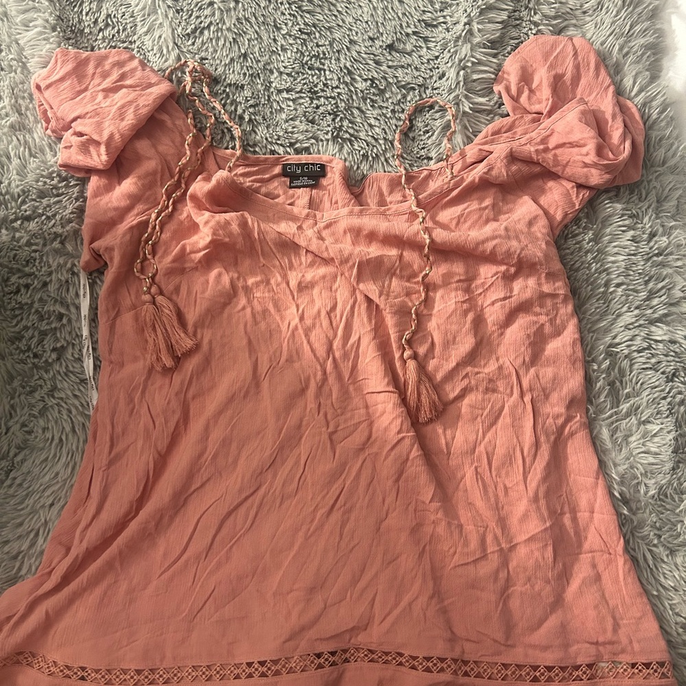 City Chic Blush Pink Blouse with Tassels